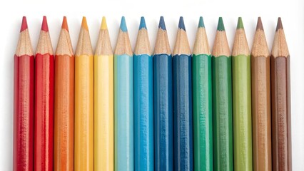 A row of colored pencils are lined up on a white background