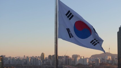 Flapping South Korean Flag with Seoul's Economic and Financial Hub in the Background, 여의도