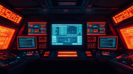 Obraz premium Futuristic Control Room with Neon Panels and High-Tech Displays Offering a Glimpse into Advanced Data Processing and Technological Innovations for Science Fiction Themes