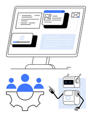 Computer screen with various digital widgets, team collaboration icon with three people on a cogwheel, chatbot conversing. Ideal for technology, digital interface, teamwork, automation