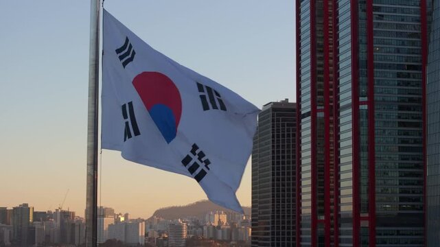 Flapping South Korean Flag with Seoul's Economic and Financial Hub in the Background, 여의도