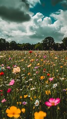 Obraz premium The sky above, a canvas of clouds, mirrors the vibrant profusion of flowers below. A harmonious blend of earth and sky.