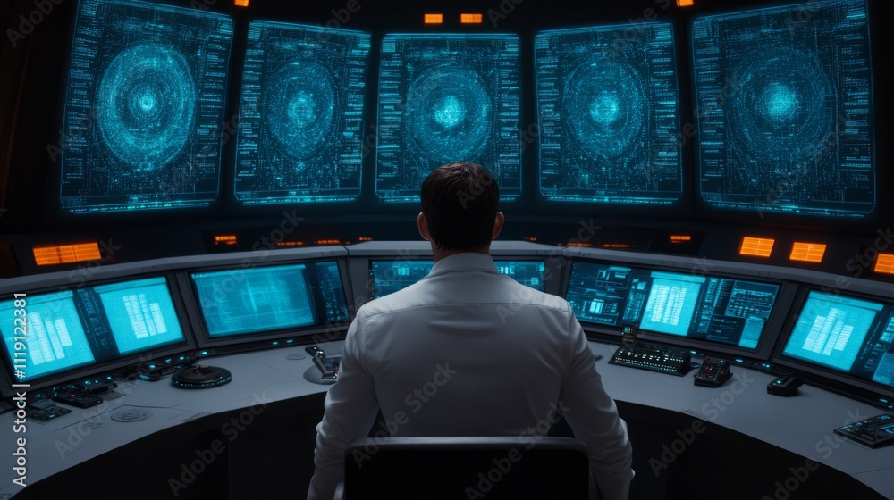 Poster professional in front of futuristic control center with multiple screens displaying data and graphic