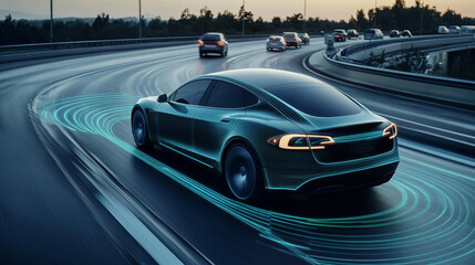 Fototapeta premium High-tech electric car surrounded by holographic visuals on the road.