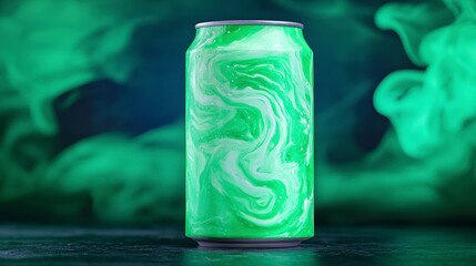 Green Energy Drink Can  Swirl Design  Product Photography  Refreshing Beverage  Studio Sho