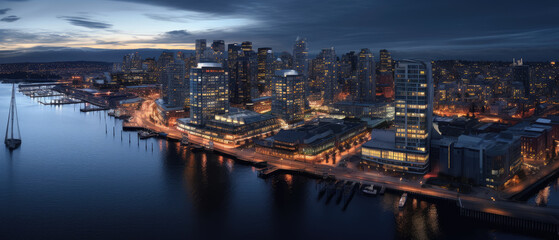 Obraz premium Metropolitan Twilight: Urban Waterfront Panorama