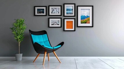 Stylish Modern Living Room with Unique Turquoise Chair and Framed Pictures on Wall, Featuring Artistic Decor, Fresh Green Plant, and Minimalistic Aesthetic