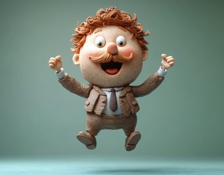 Dynamic Clay Figure Businessman Jumping Celebrating Success in a Minimalist Style