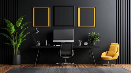 Modern Home Office Interior with Stylish Desk, Computer, and Minimalist Decor in a Black and Yellow Color Scheme Featuring Elegant Plants and Contemporary Furniture