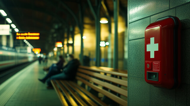 AED. Automated External Defibrillator station in focus at a train station, showcasing critical first aid availability. Public safety in transit hubs. Image made using Generative AI.