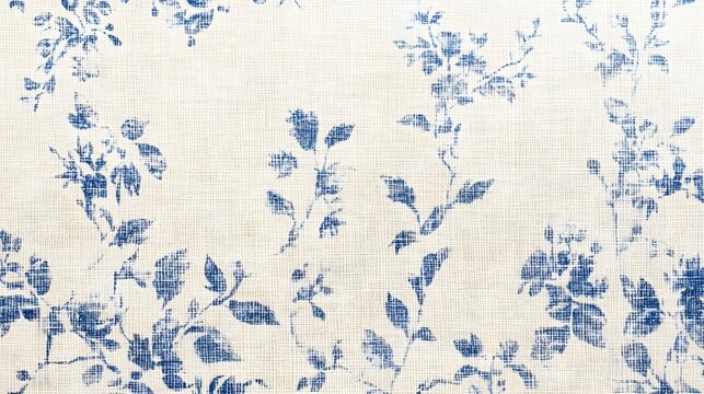 Blue and White Floral Pattern on Textured Canvas.