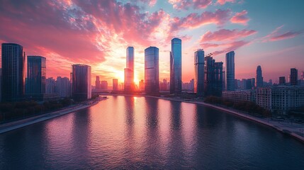 Fototapeta premium Vibrant sunset over modern city skyline reflected in calm water.