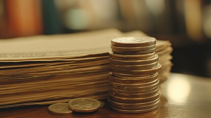Stacked Coins Next to Paperwork on a Desk