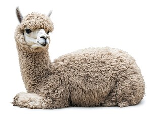 Fototapeta premium Entire alpaca, fluffy and detailed, set on a white background, high resolution.