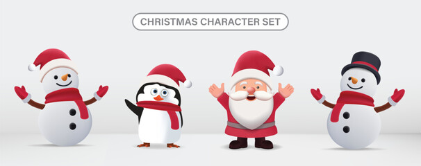 Christmas characters vector set design. Christmas character Santa Claus, snow man, penguin collection in isolated background. Vector illustration holiday season