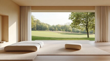 Fototapeta premium Minimalist bedroom features serene landscape view