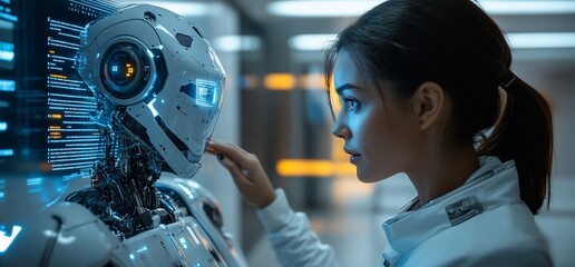 Woman scientist interacts with a humanoid robot in a futuristic lab setting.
