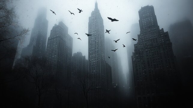 Foggy city skyscrapers with birds in flight.
