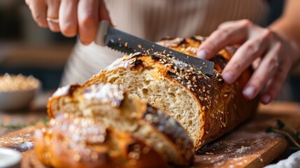 close-up of a woman's hand slicing bread with a knife