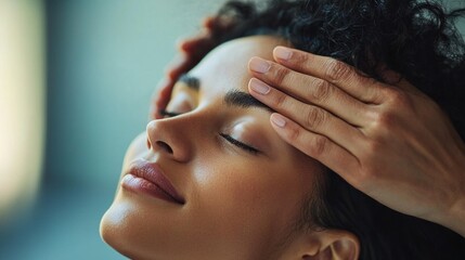 Obraz premium A close-up of a therapistâ€™s hands gently massaging a clientâ€™s scalp, emphasizing comfort and calmness.