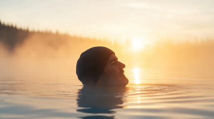 man floating peacefully in misty lake at sunrise, surrounded by nature beauty