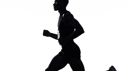 Side view middle shot silhouettes of a male marathon runner over a white background