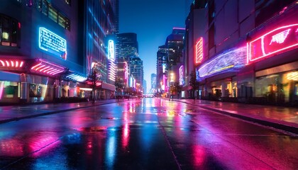 Vibrant city street illuminated by neon lights.