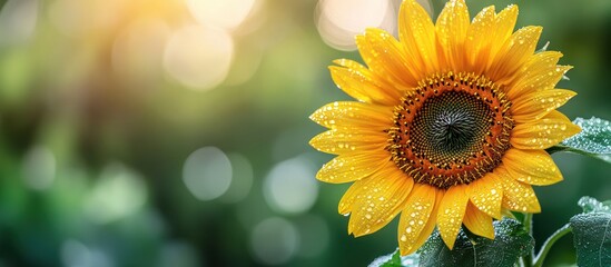 Obraz premium A single sunflower with dew drops on its petals against a blurred background of green foliage and sunlight.