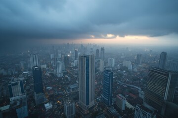 An Aerial View of Jakarta's Skyline at Dusk Under a Dramatic Sky