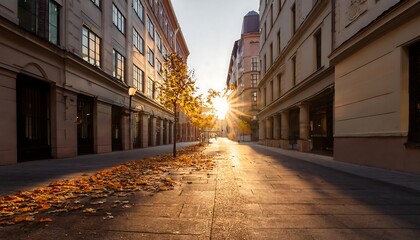 Fototapeta premium Sunlight streaming down a quiet urban street.