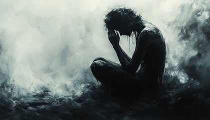 Fototapeta premium Silhouette of a Man Praying Before a Cross in Abstract Expressionism Style