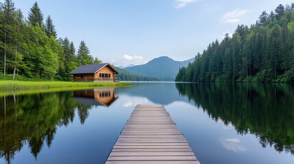 Fototapeta premium Serene lakeside view with a wooden cabin and tranquil reflections.