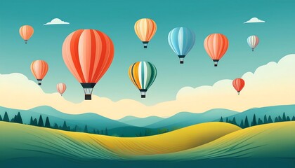 Obraz premium Colorful hot air balloons over rolling hills.