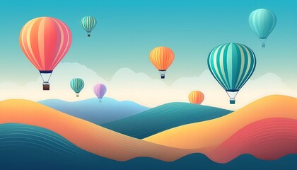 Colorful hot air balloons over rolling hills.