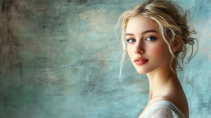 Fototapeta premium Elegant portrait of a young woman studio setting photography soft lighting profile view beauty and grace concept