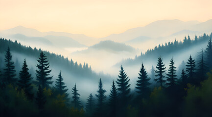 A serene forest landscape shrouded in mist, with silhouette-like trees against a softly colored sky and distant mountains.