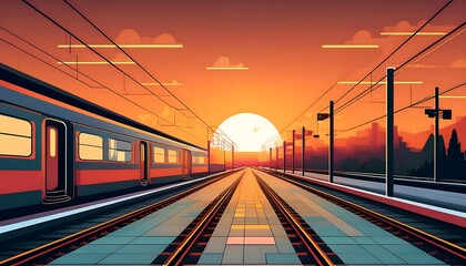Sunset at a train station with railway tracks.
