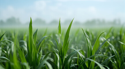 Obraz premium Lush green grass stretches towards the sky, enveloped in soft morning mist, creating a serene and tranquil landscape.