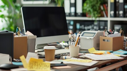 A cluttered office desk with a computer, coffee cups, and notes, illustrating a stressful work environment.