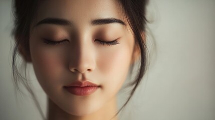 Naklejka premium Meditative portrait of a young woman studio photography calm environment close-up view inner peace concept