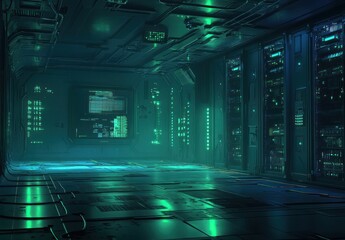 Futuristic server room with teal lighting.