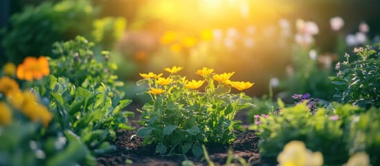 A cluster of bright yellow flowers in a lush green garden with soft sunlight.
