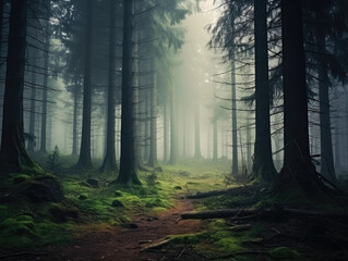 Naklejka premium Enchanting Misty Forest Path at Dawn