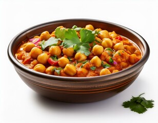 Flavorful chana masala in a big bowl, packed with spiced chickpeas and vibrant garnish, isolated on white, ideal for Indian cuisine promotions