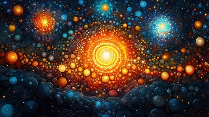 Cosmic Explosion Colorful Digital Art Big Data Visualization with Glowing Patterns and Geometric Designs