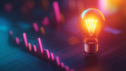 The glow light Data digital marketing analysis graph with light bulb in dark background. 3D illustration in Technology concepts.