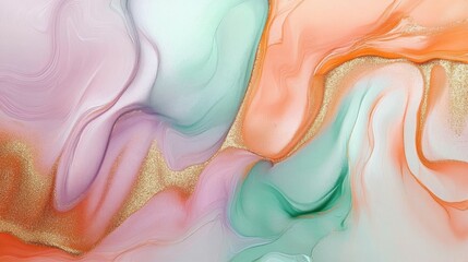 Abstract Fluid Art in Pastel Peach Mint Green Lavender with Glitter Textures and Elegant Composition