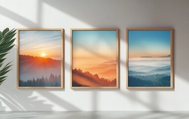 A set of three wooden frames on a wall, each at a different height and angle. The frames display three hyper-realistic landscape photographs