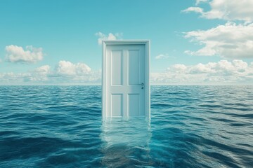 White door submerged in a calm ocean under a bright sky. Symbolizes challenges, hope, and finding new opportunities despite adversity.