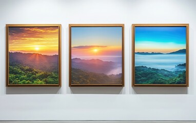 Three wooden frames hang on a white wall, each positioned at varying heights and distances. Inside each frame is a hyper-realistic landscape photograph